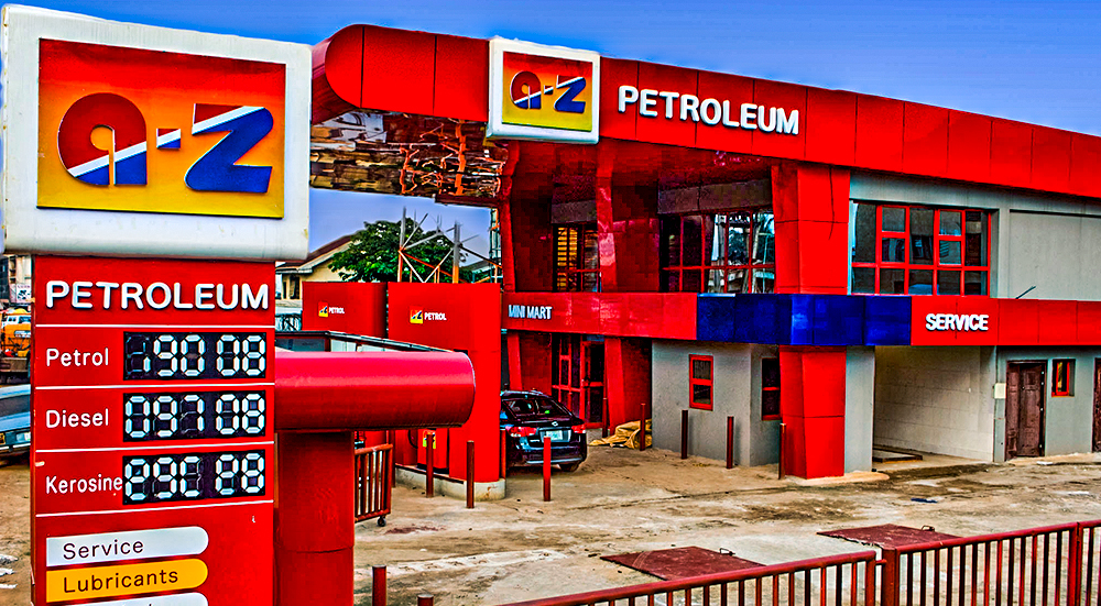 A-Z Petroleum filling station exterior with fuel price display and service area, commercial architecture photography in Anambra Nigeria