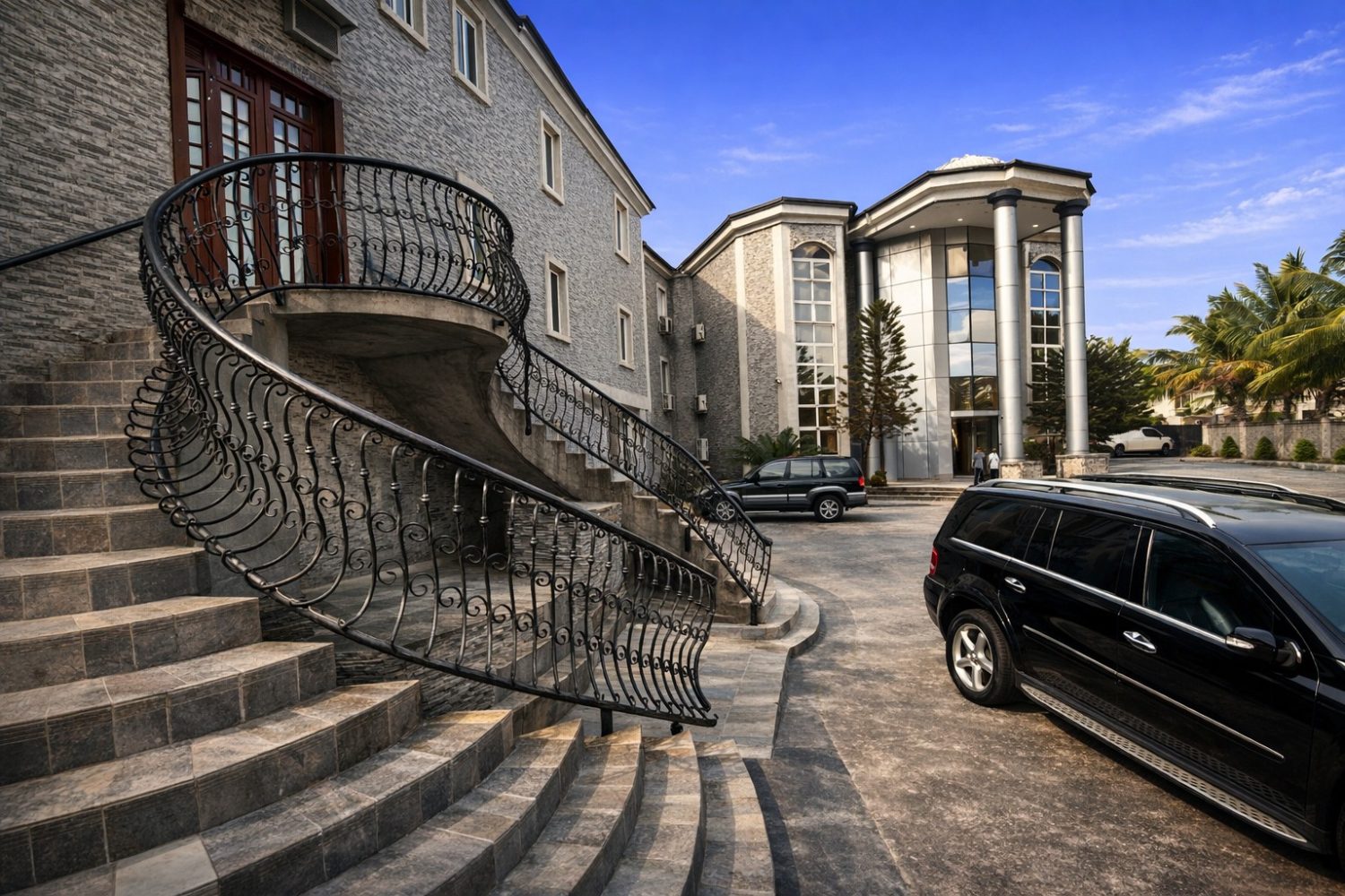 Elegant hotel entrance featuring a curved staircase, modern glass façade, and refined architectural details.