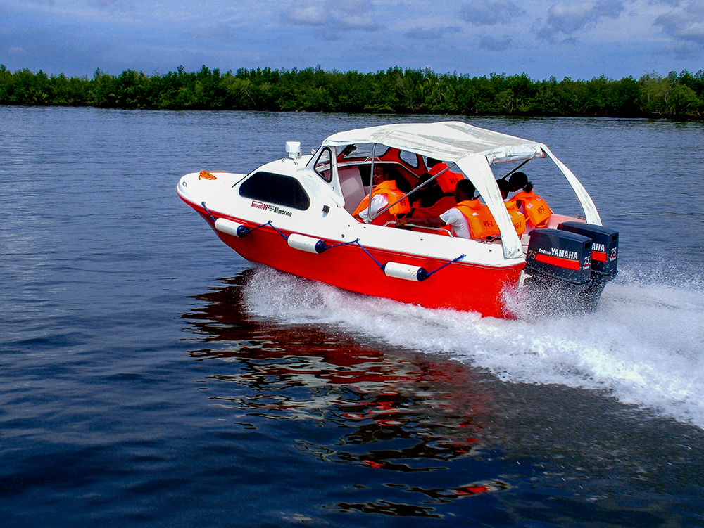 speed boat transporting passengers on river with life jackets